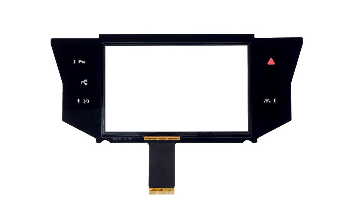 Car dashboard display screen with control buttons on a white background