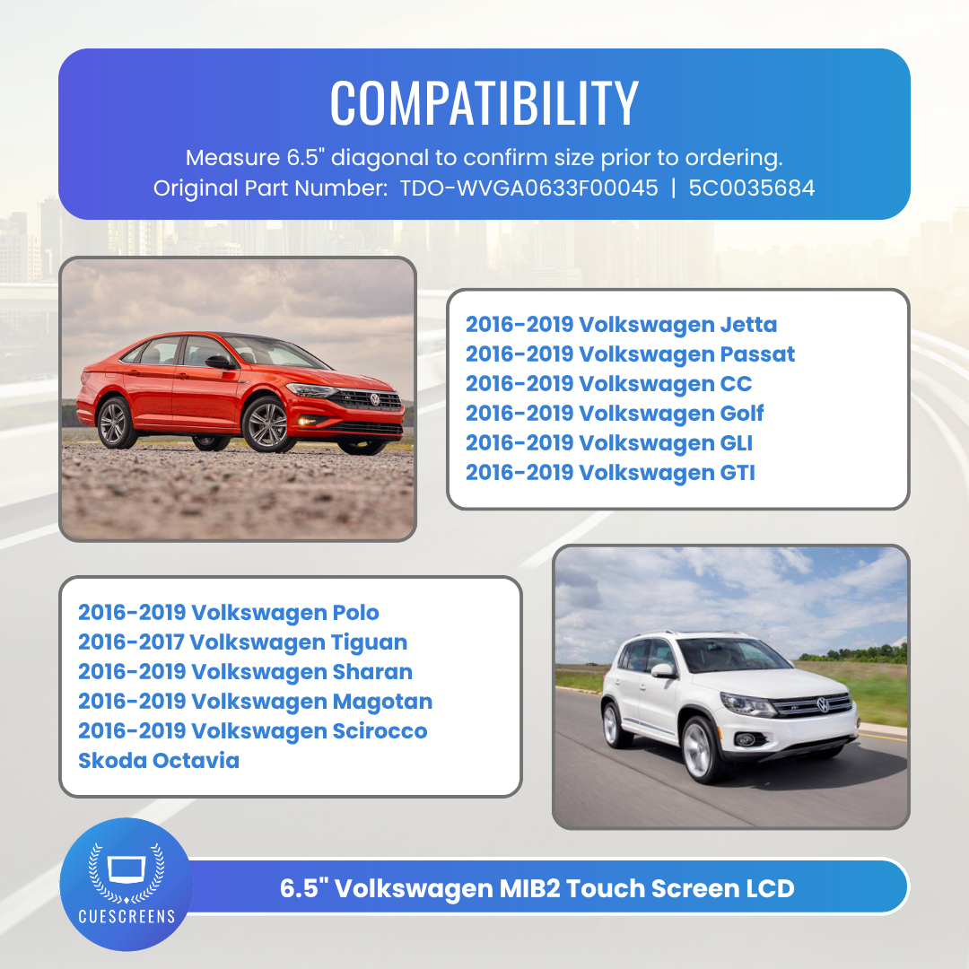 Compatibility with VW Volkswagen VW MIB2 6.5" Touch Screen Digitizer Replacement (Optional LCD)-Cuescreens