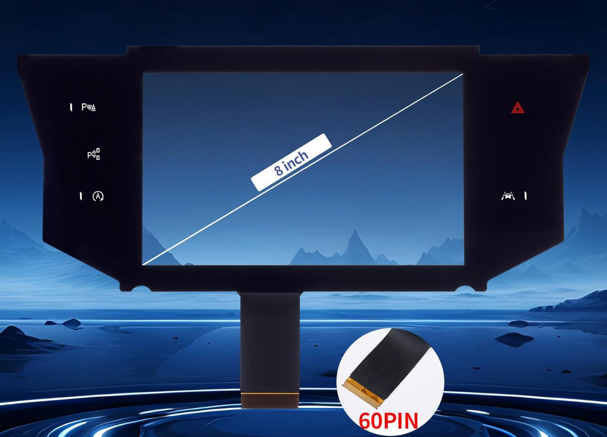 8-inch display screen with 60-pin connector on a scenic background