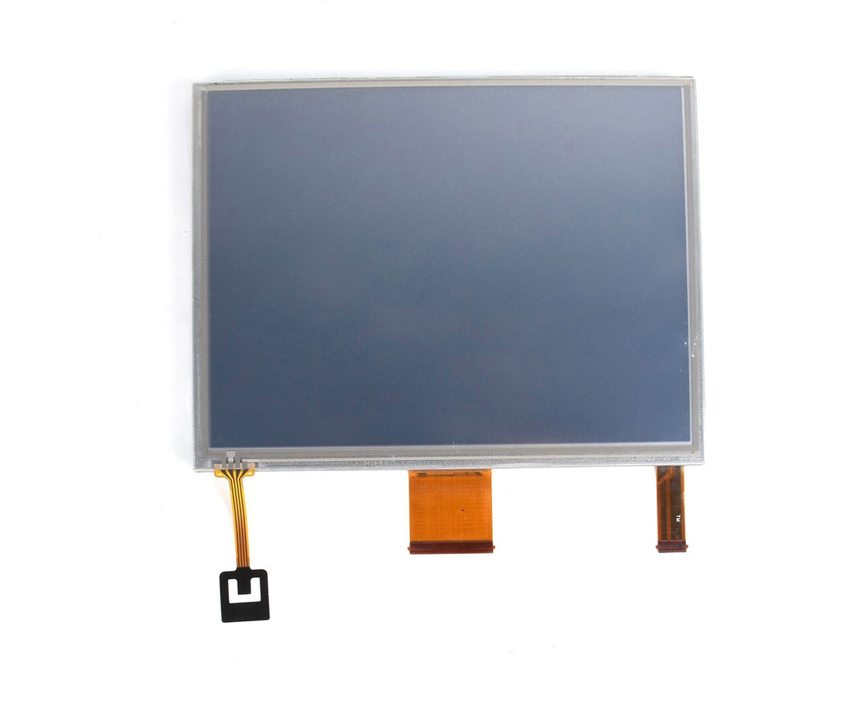 Front view of a UConnect 3 8.4-inch complete display assembly showing the clear touchscreen glass digitizer over the LCD panel, with three flexible ribbon cables extending from the bottom edge against a white background.