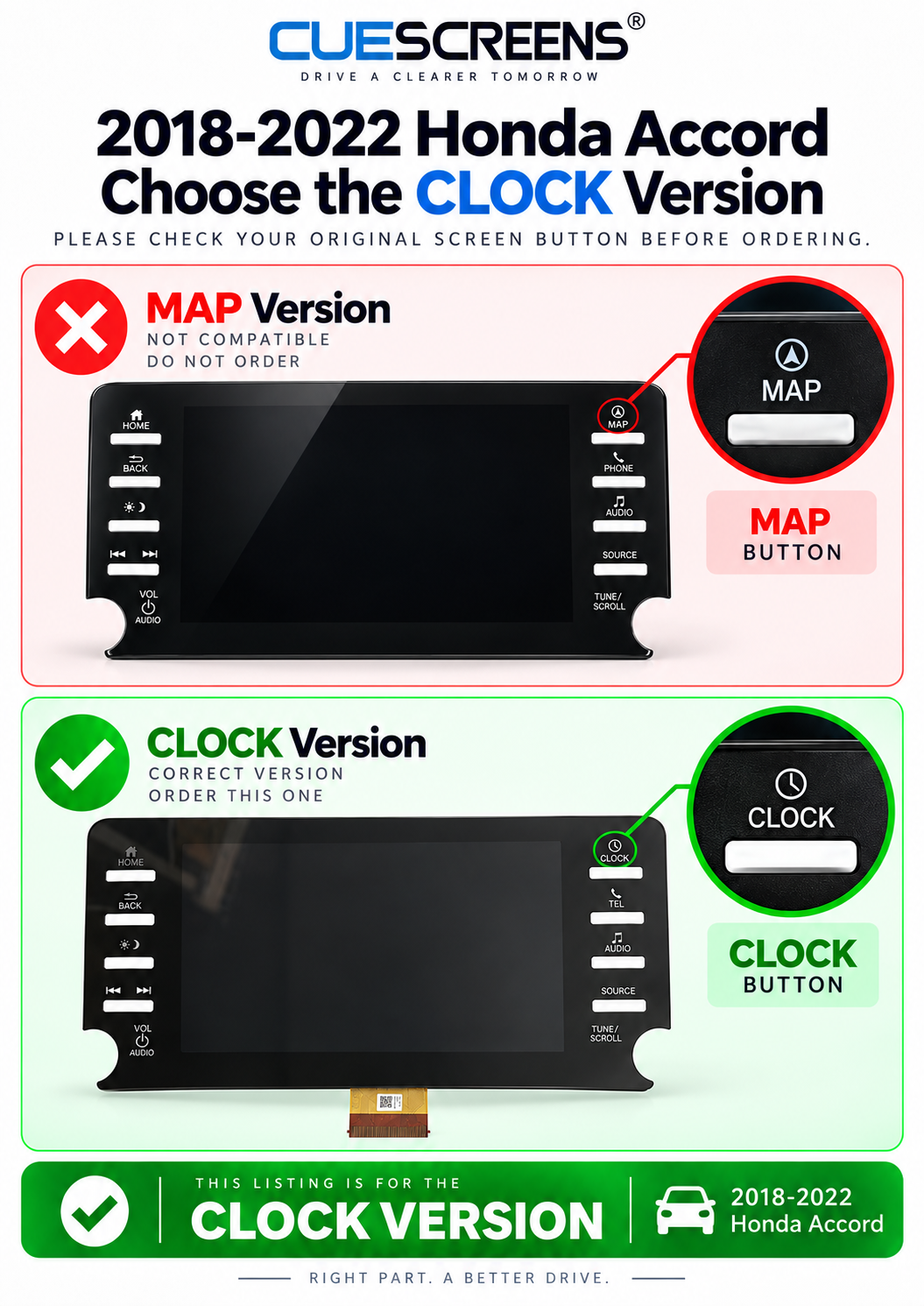 2018–2022 Honda Accord 8" LCD + Touch Screen Replacement – CLOCK Version | 39710-TVA-A110-M1