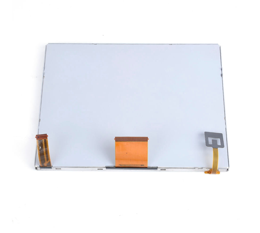 Back view of a UConnect 3 8.4-inch complete display assembly, showing the metal-backed LCD panel with three attached flexible copper ribbon cables on a white background.