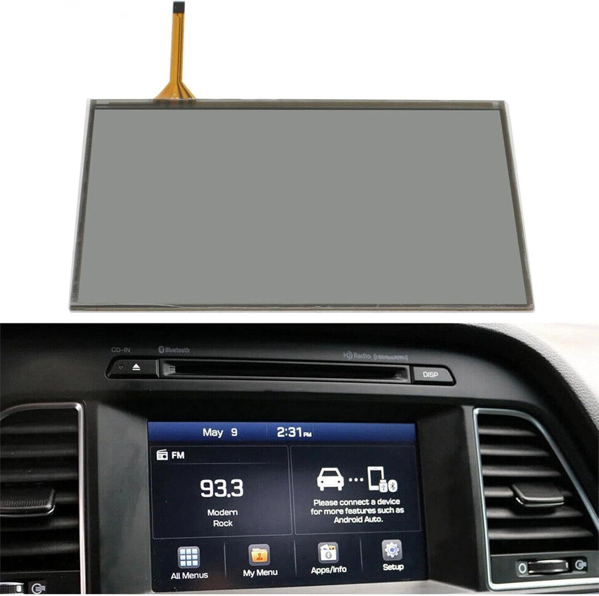 Car dashboard with a touchscreen display and a separate screen panel above it.