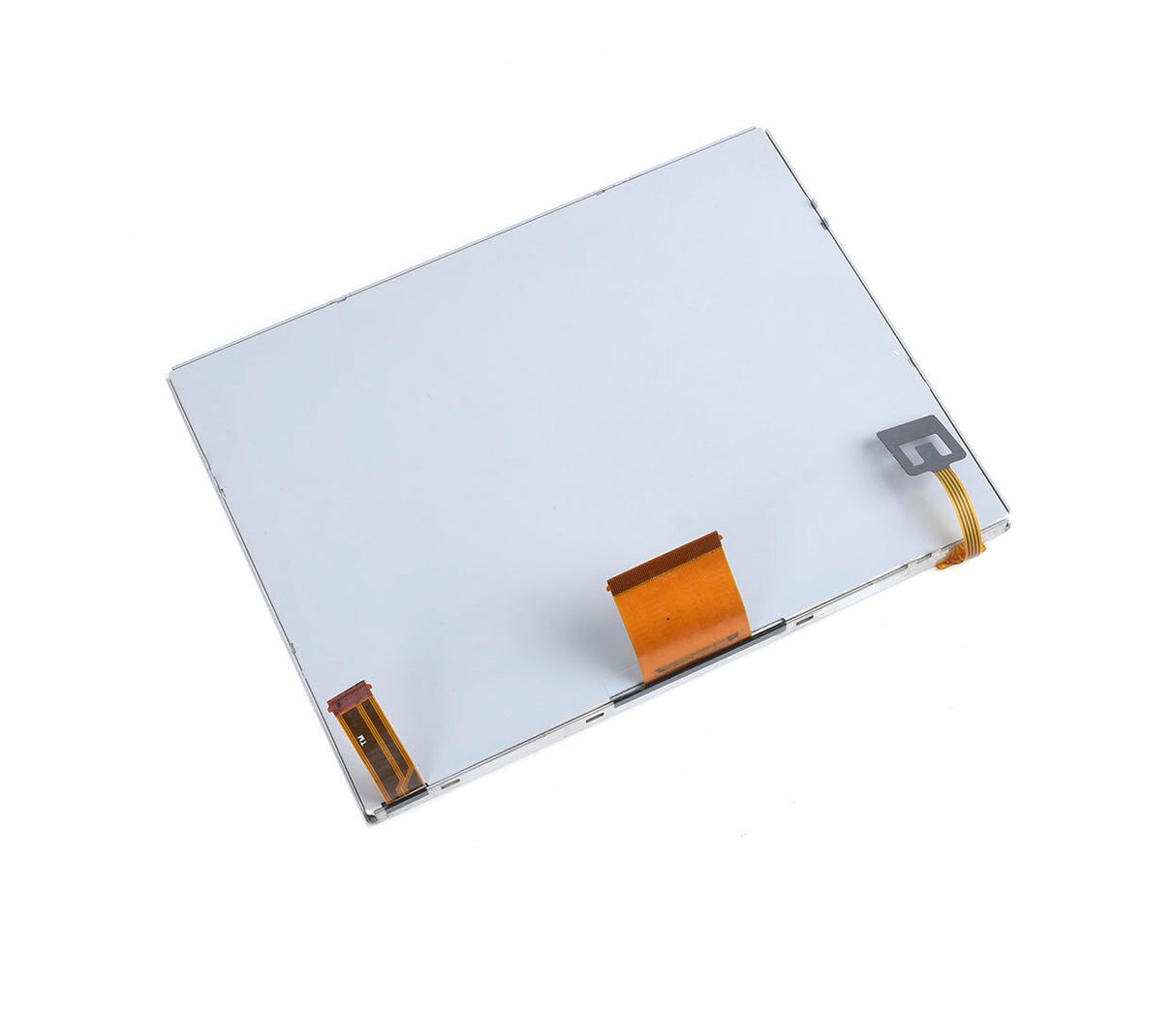 Angled view of the back of a UConnect 3 8.4-inch complete display assembly, showing the metal-backed LCD panel with attached flexible copper ribbon cables on a white background.
