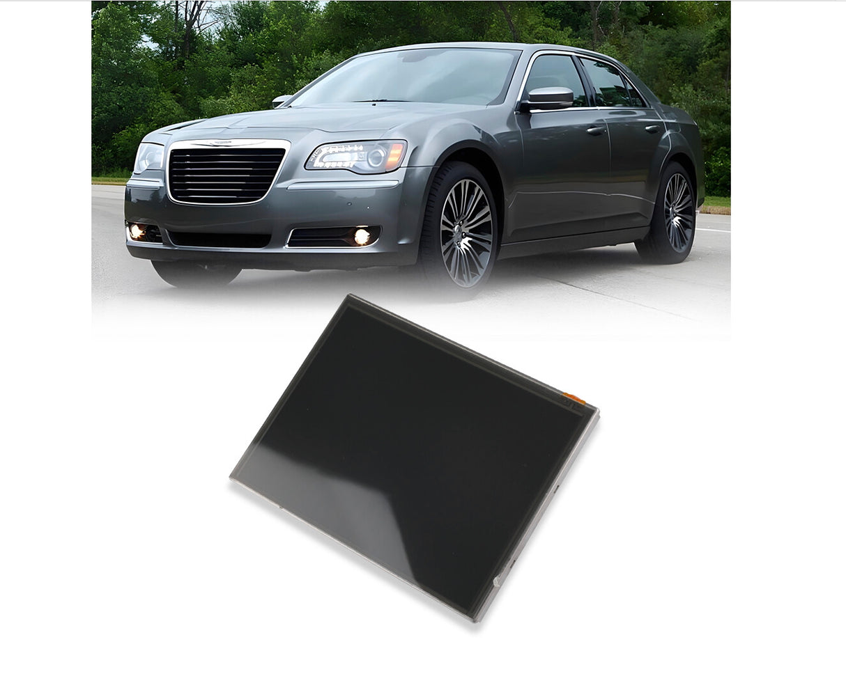 Composite image featuring a gray Chrysler 300 sedan parked on a road in the top half, and a replacement UConnect 3 8.4-inch complete display assembly (LCD panel and touchscreen digitizer) angled in the foreground on a white background.