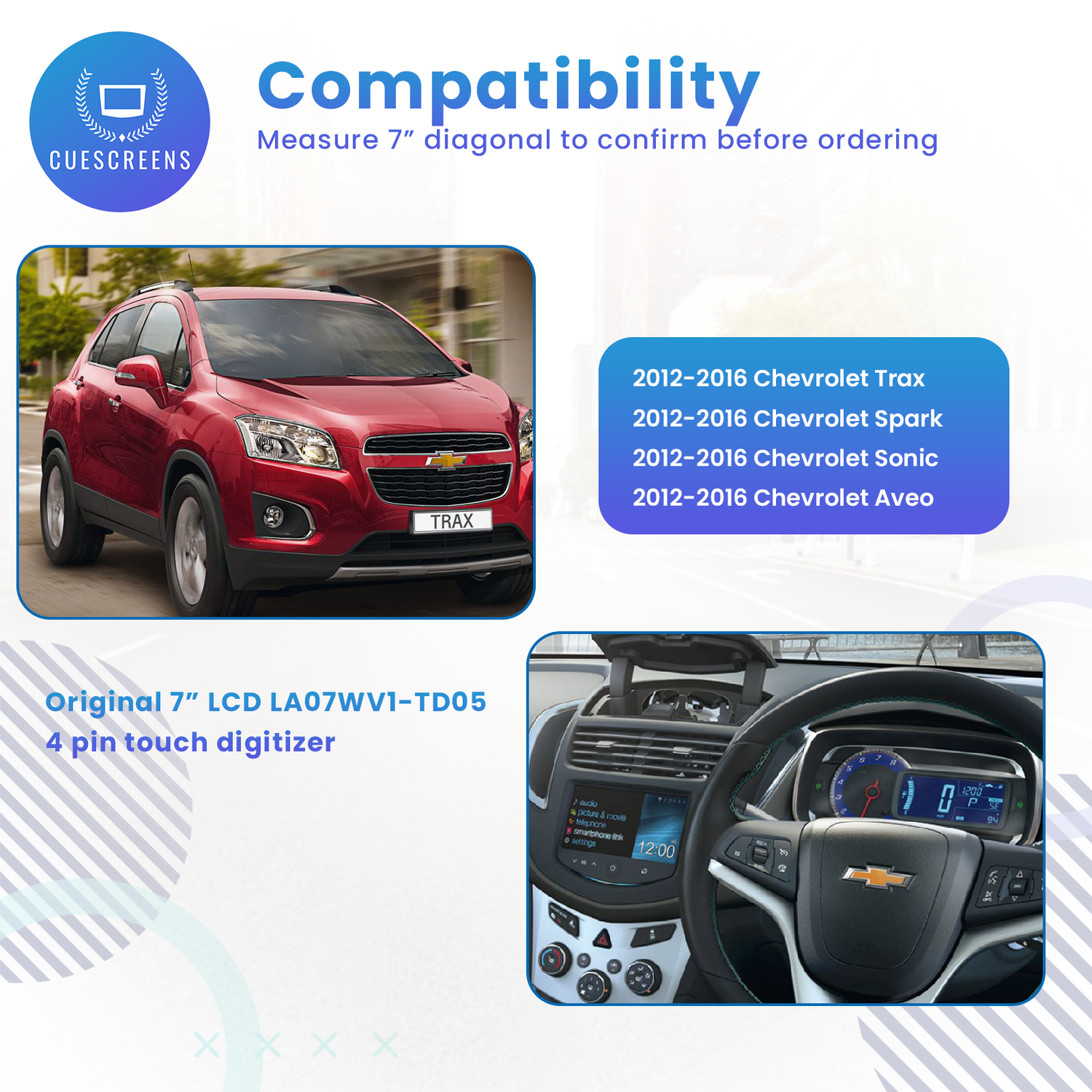 Chevy Mylink 7" LA070WV1 Replacement Touch Screen Digitizer for Trax Sonic Spark-Cuescreens