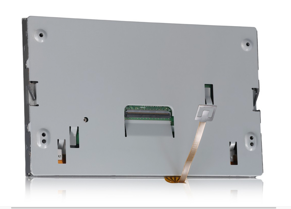 Metallic component with ribbon cable connectors on a white background
