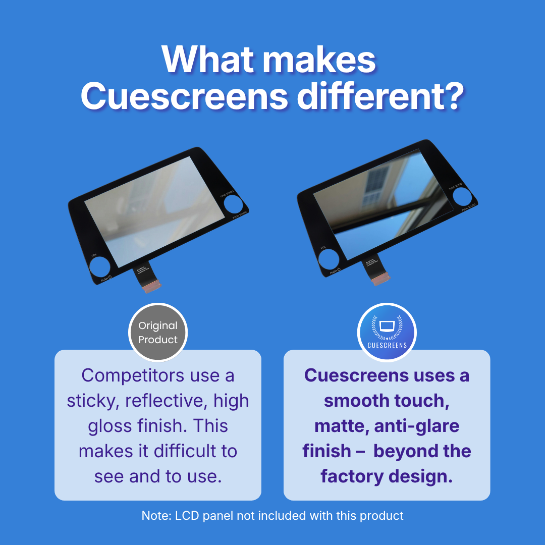 Blue promotional graphic comparing Cuescreens touch screen replacement parts with competitors' products. It shows two black rectangular replacement screens, one labeled 'Original Product' with glossy reflective glass and one labeled 'Cuescreens' with matte anti-glare glass, plus explanatory text about touch sensitivity and anti-glare finish