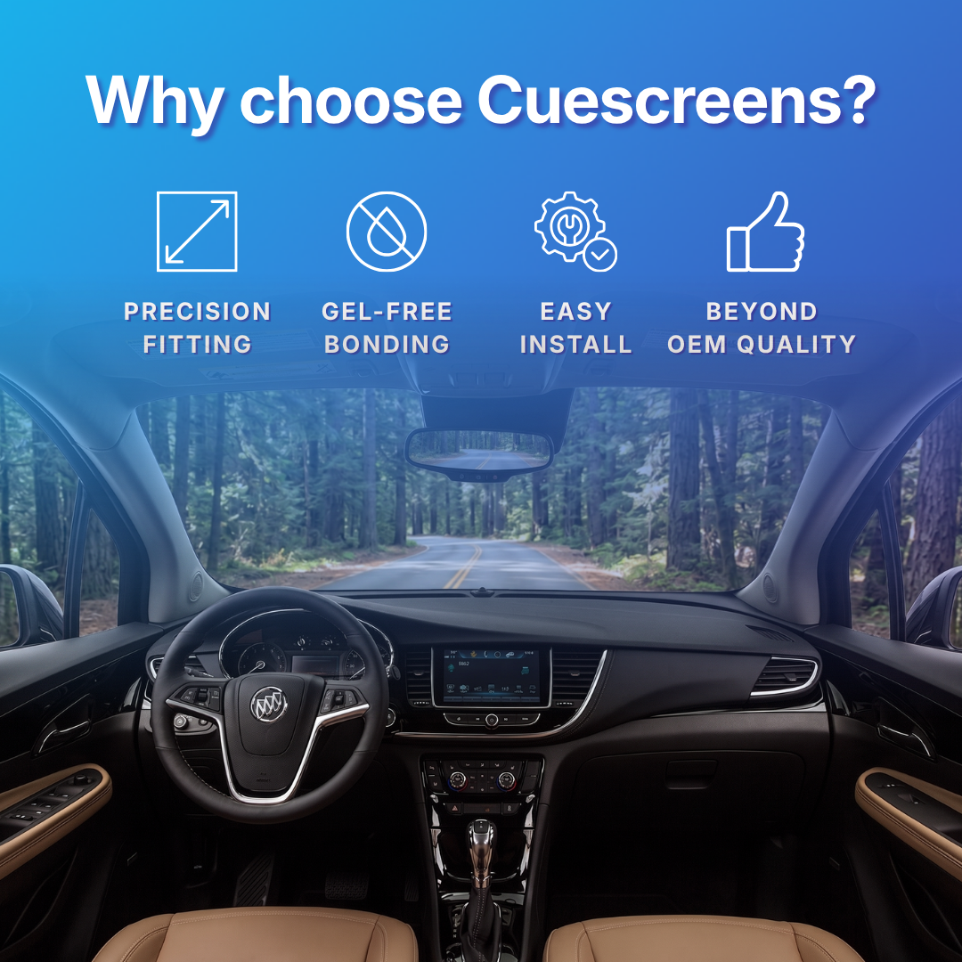 Car dashboard with a touchscreen display and text highlighting Cuescreens' features on a blue background