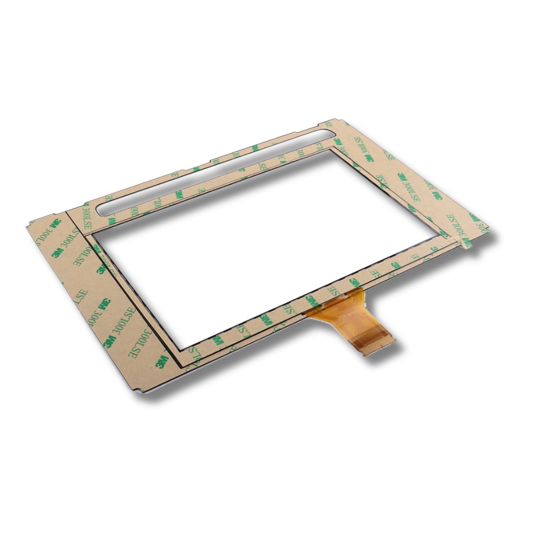 Back of touchscreen digitizer with protective film on a white background