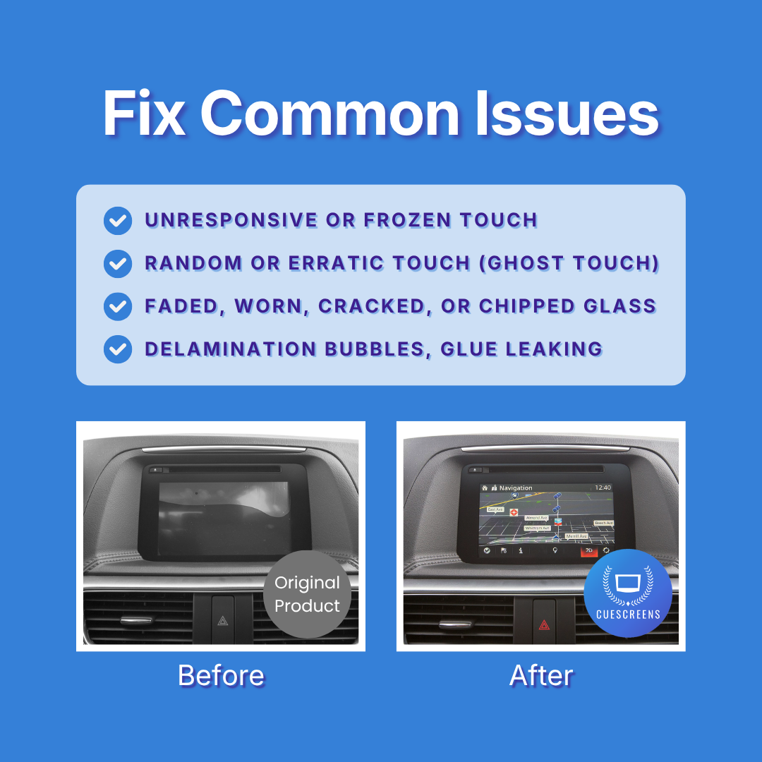 Before and after comparison of a car touchscreen display with text on a blue background.