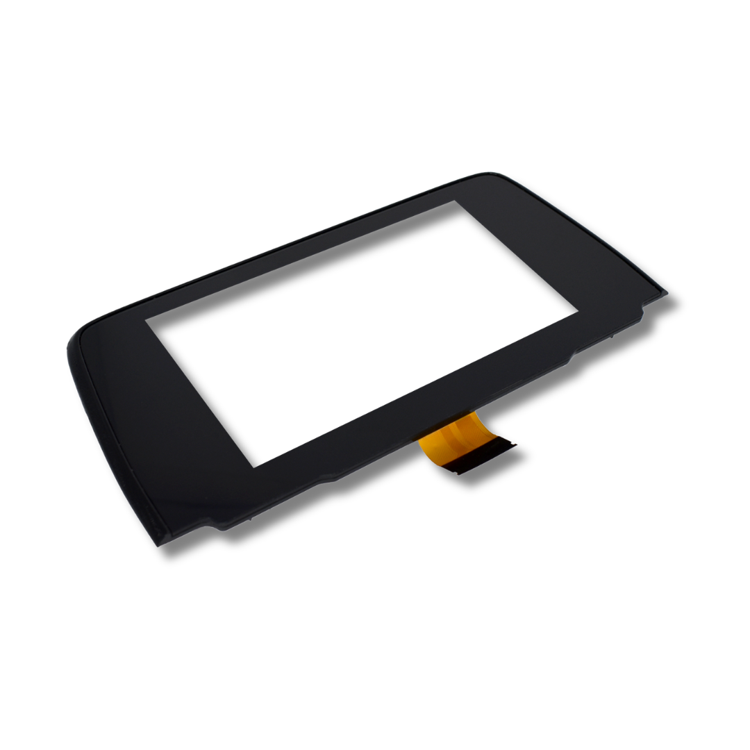 A black rectangular touch screen panel with rounded corners and a small orange flex cable connector, shown on a plain white background