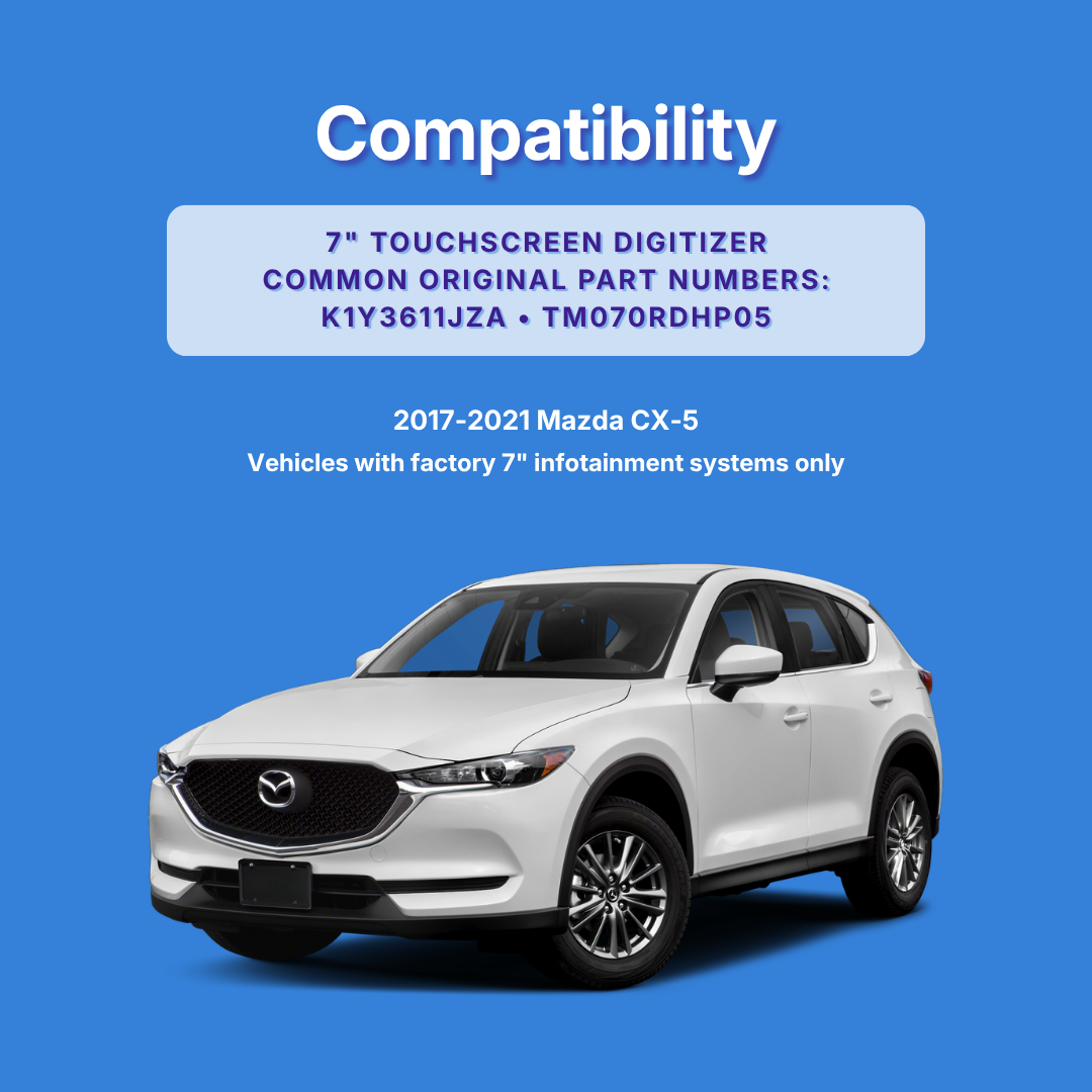 A white Mazda CX-5 SUV is shown on a blue background with compatibility text reading 'Compatibility' and part numbers for a 7-inch touchscreen digitizer for 2017-2021 Mazda CX-5 vehicles