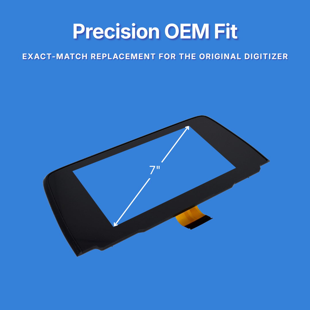 A 7-inch black replacement digitizer screen, shown on a solid blue background with text reading 'Precision OEM Fit' and a white measurement arrow indicating the 7" screen size