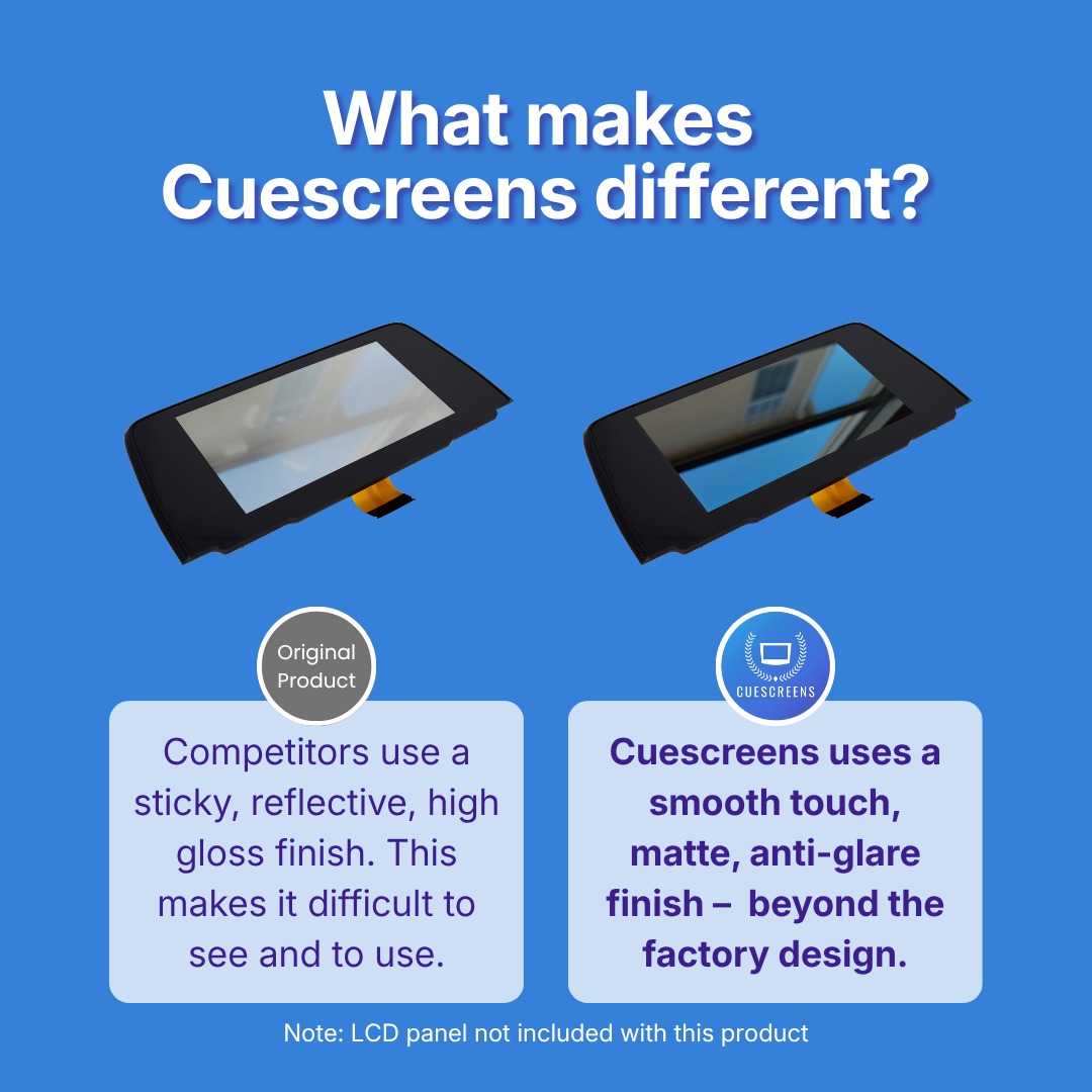 Comparison of other's product and Cuescreens product on a blue background with text explaining differences