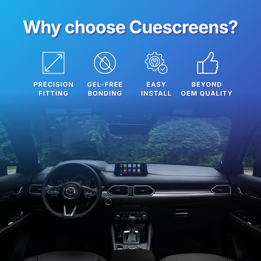 Car interior with Cuescreens branding highlighting features like precision fitting, gel-free bonding, easy install, and beyond OEM quality
