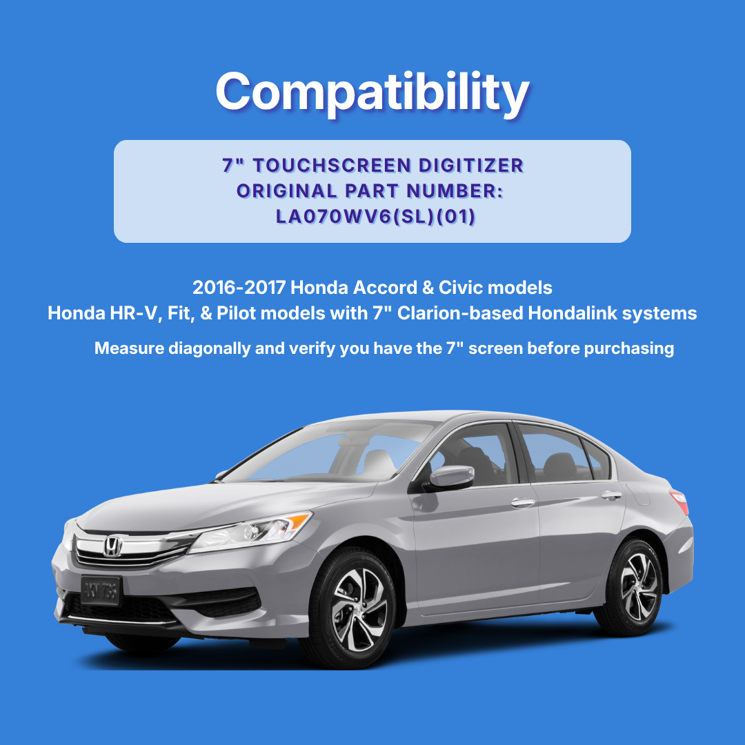 Honda car with compatibility information for a 7-inch touchscreen digitizer on a blue background