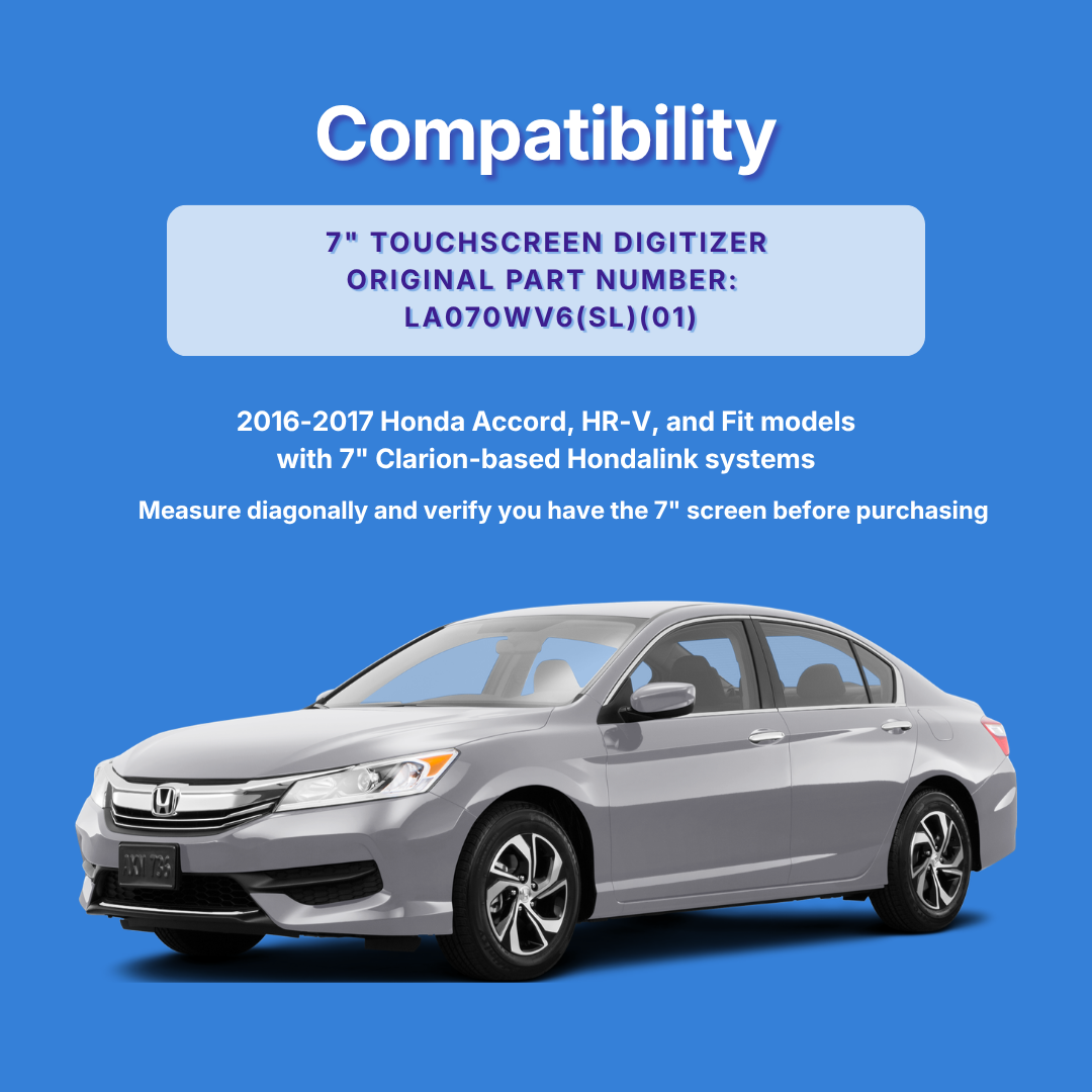 Honda car with compatibility information for a 7-inch touchscreen digitizer on a blue background
