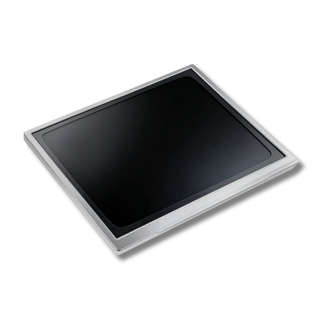 A square digital instrument panel with a black display area and a silver metallic frame, shown at an angle on a white background