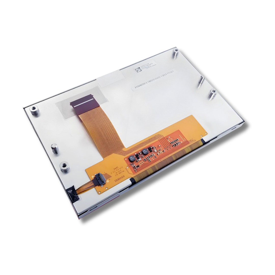 Back of an LCD instrument panel screen, featuring a built-in circuit board with electronic components and a flexible ribbon cable, shown on a white background