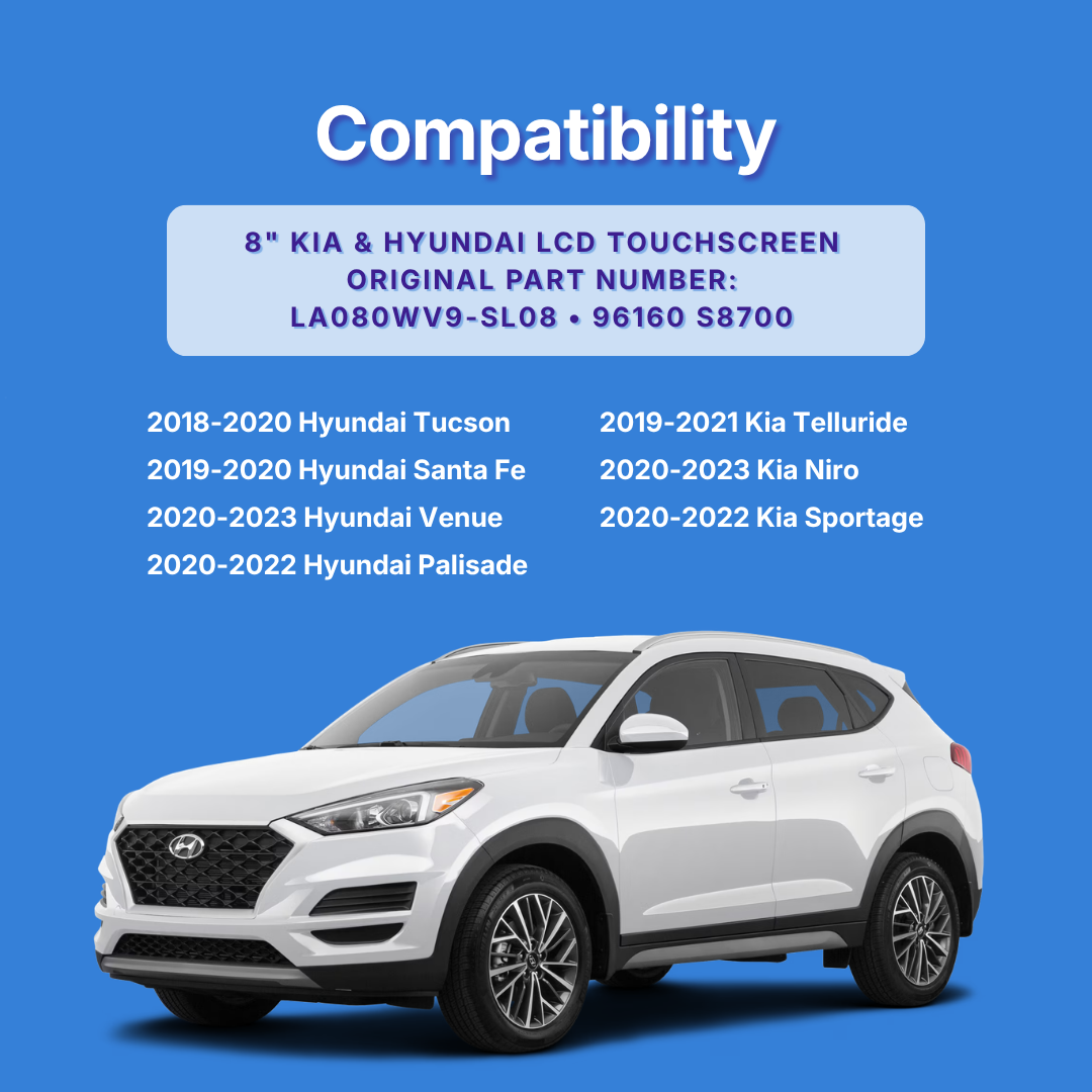 White SUV on a blue background with compatibility information for KIA and Hyundai models.