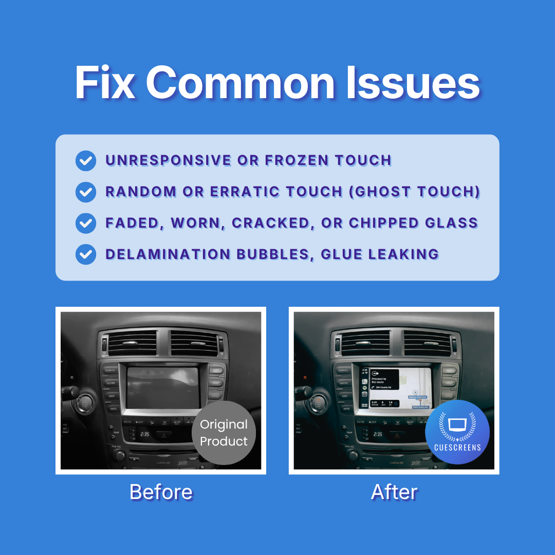 Before and after comparison of a car's infotainment screen with text about common issues on a blue background