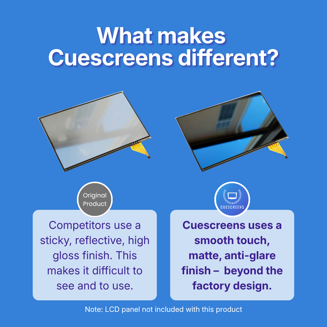 Comparison of original product and Cuescreens on a blue background with text explaining differences