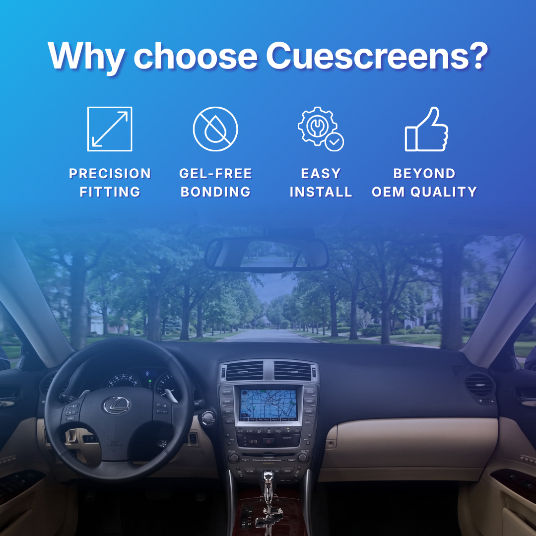 Car dashboard with a touchscreen display and text highlighting Cuescreens' features on a blue background