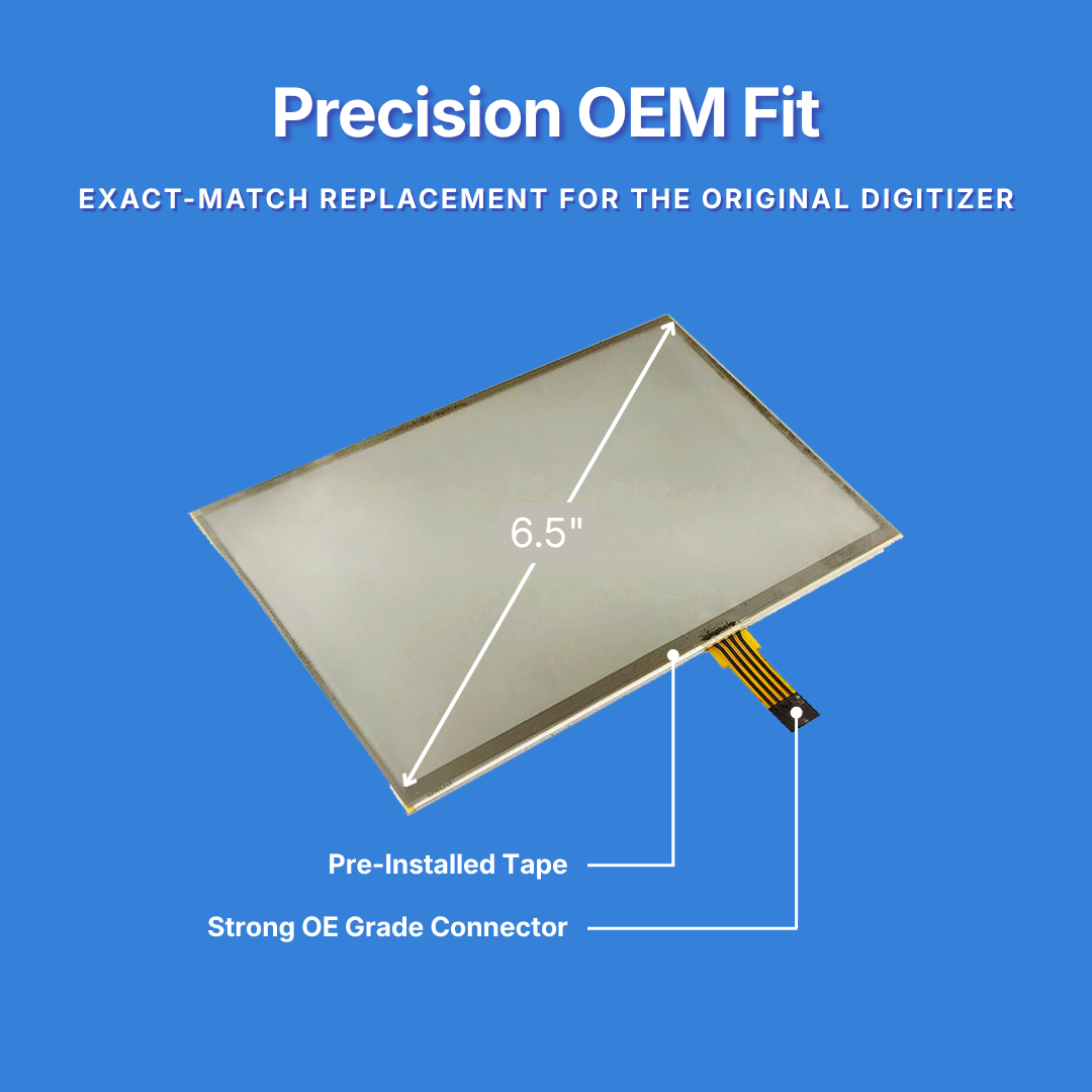A 6.5-inch replacement digitizer screen shown on a blue background with text reading 'Precision OEM Fit' and callouts for pre-installed tape and strong OE Grade connector