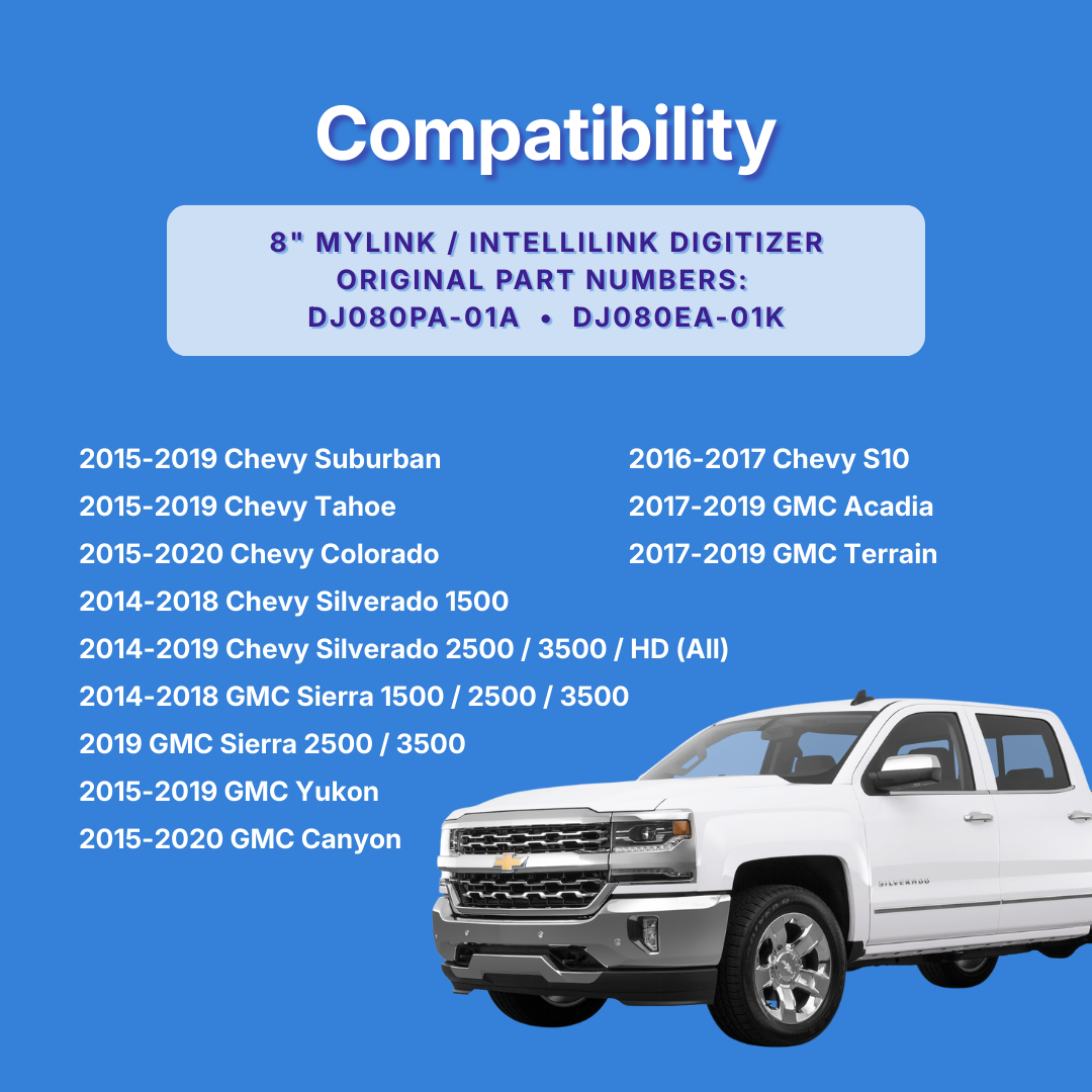 Compatibility chart for Chevy and GMC MyLink/Intellilink digitizer with a white Chevrolet truck on a blue background.