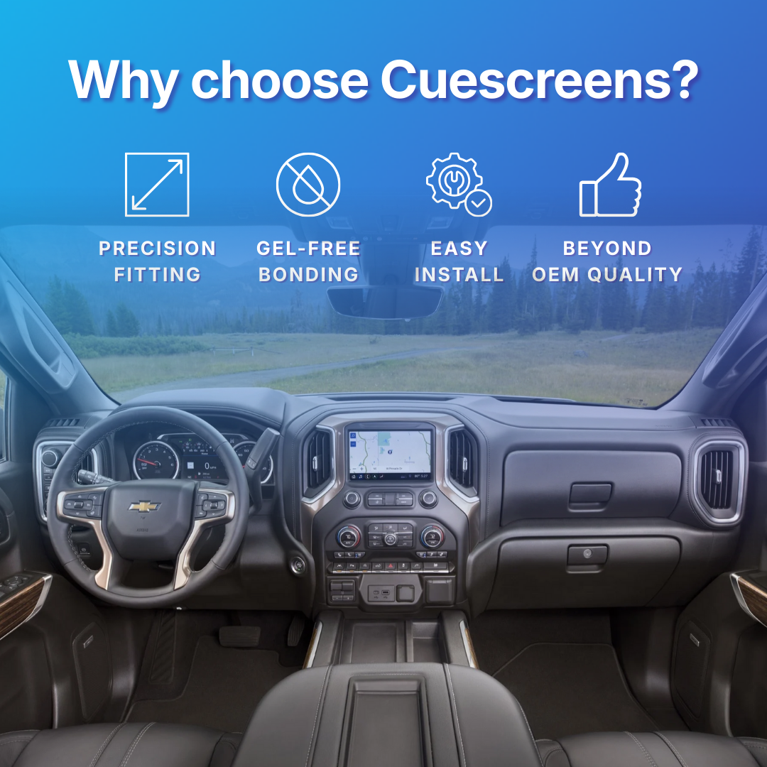 Car interior with dashboard and steering wheel, featuring text 'Why choose Cuescreens?' and icons with benefits.