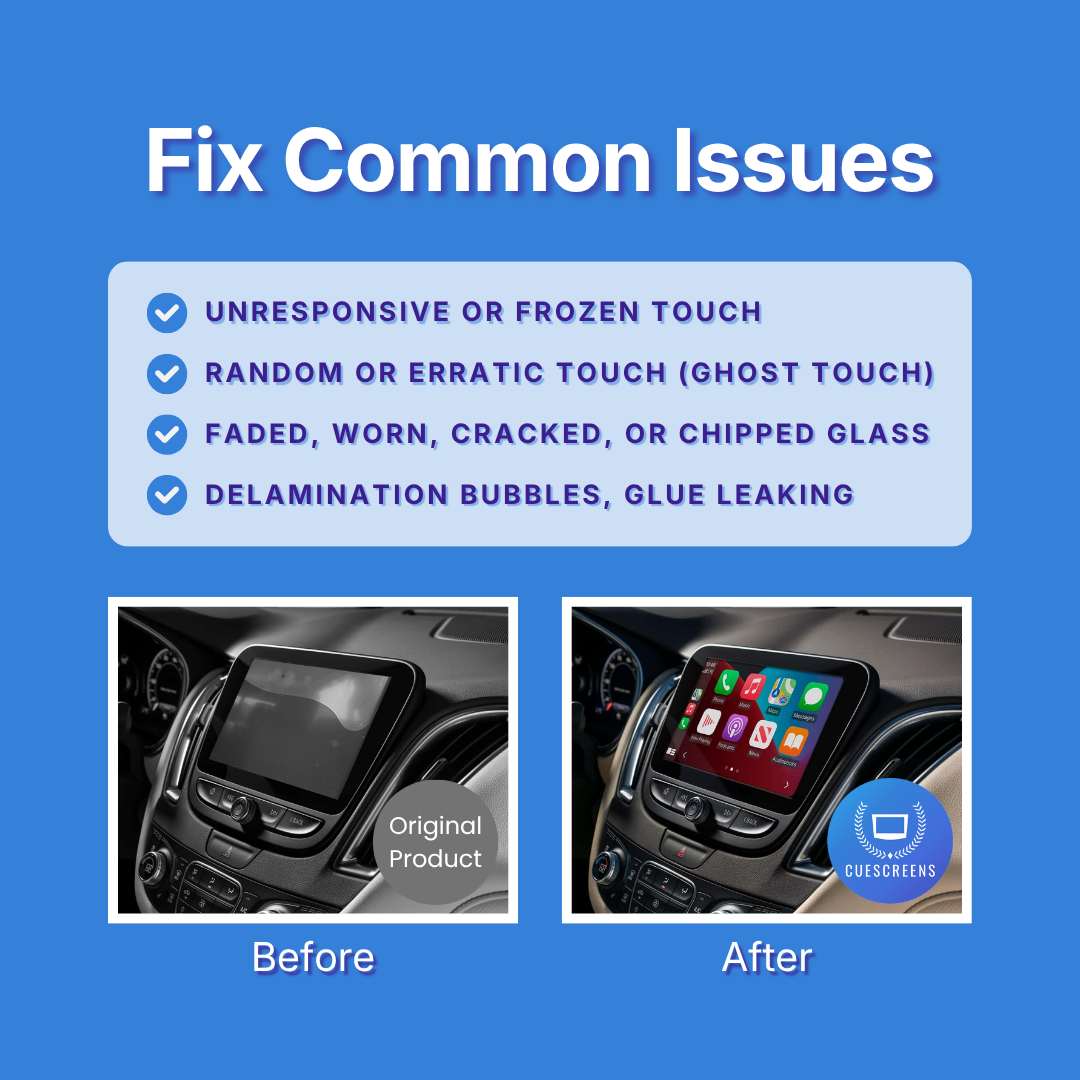 Before and after comparison of a car's infotainment screen with text about common issues on a blue background