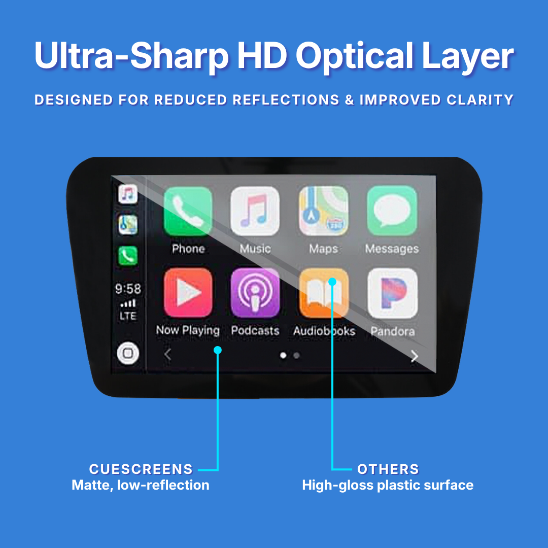 Car infotainment screen with ultra-sharp HD optical layer on a blue background