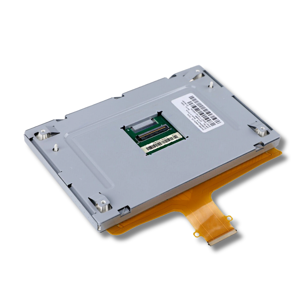 Back of infotainment screen with yellow flex cable on a white background