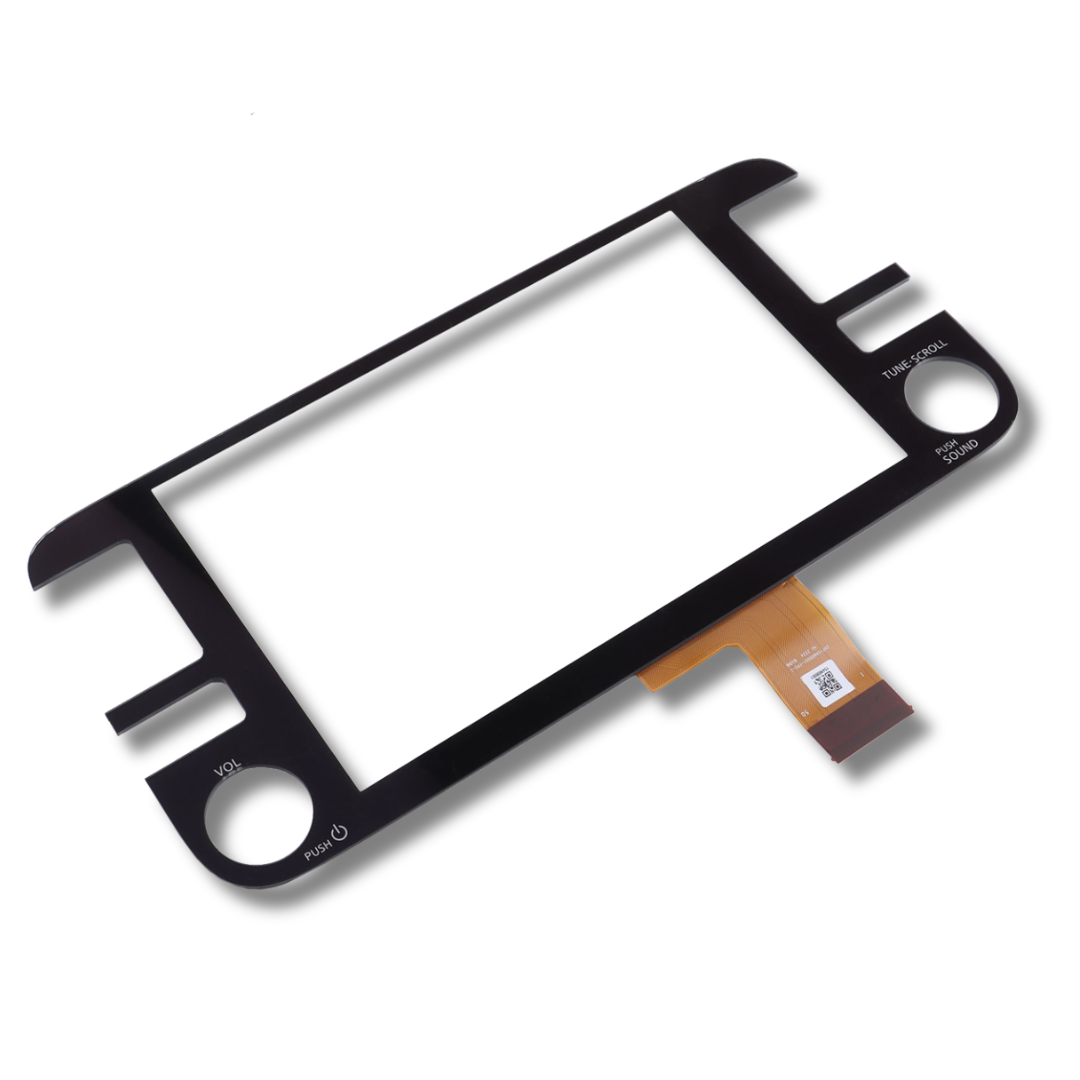 Black electronic touchscreen with a ribbon cable on a white background
