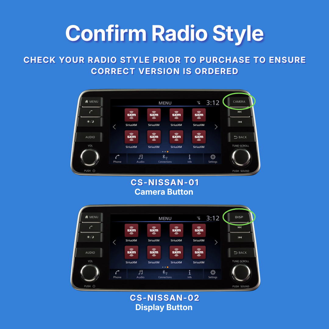 Two car radio displays - one with a camera and one with a display button on a blue background