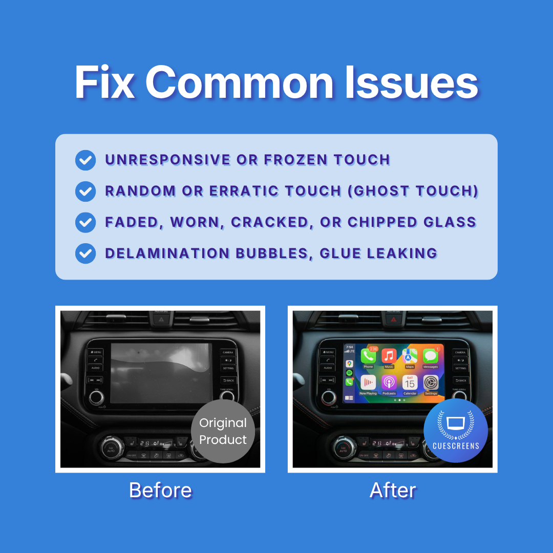 Before and after comparison of a car's infotainment screen with text about common issues on a blue background