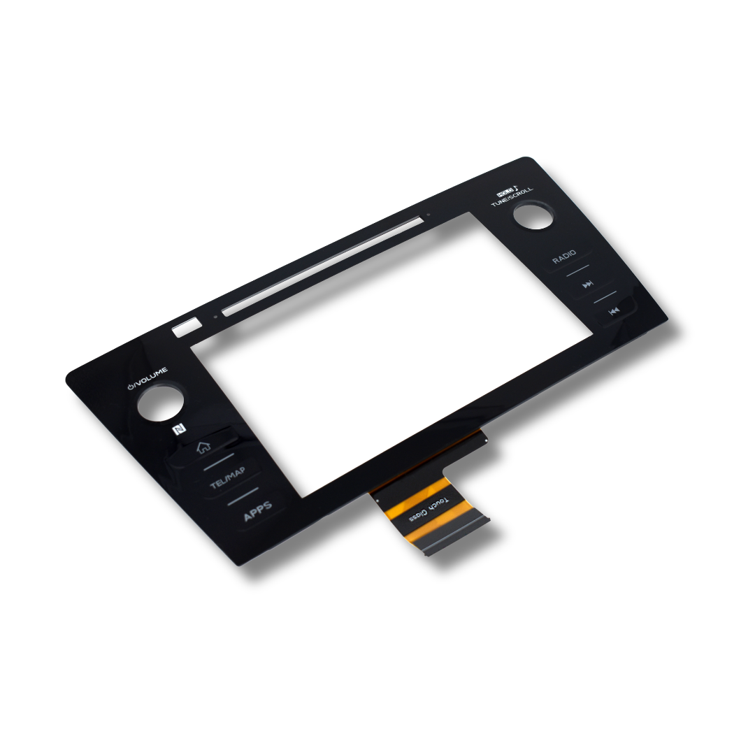 Black electronic touchscreen with buttons and a ribbon cable on a white background