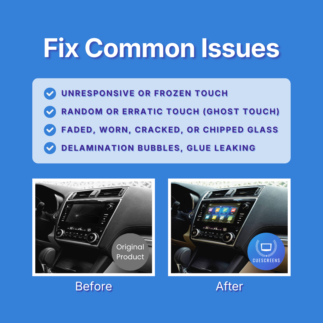 Before and after comparison of a car's infotainment screen with text about common issues on a blue background.