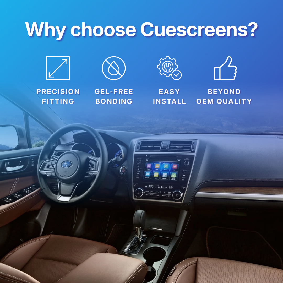 Car interior with dashboard and steering wheel, featuring text 'Why choose Cuescreens?' and icons with benefits.