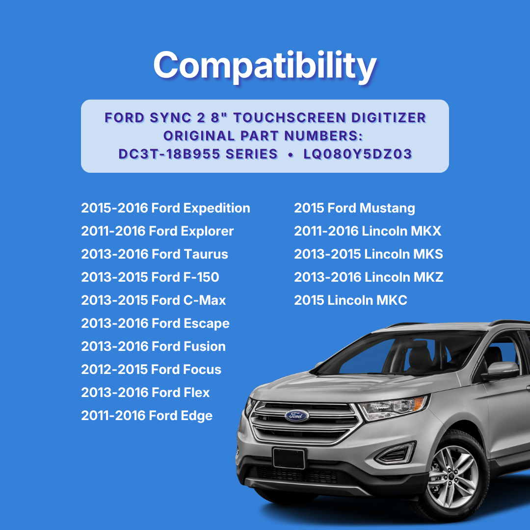 Compatibility chart for Ford SYNC 2 8-inch touchscreen Digitizer with a list of compatible models on a blue background.