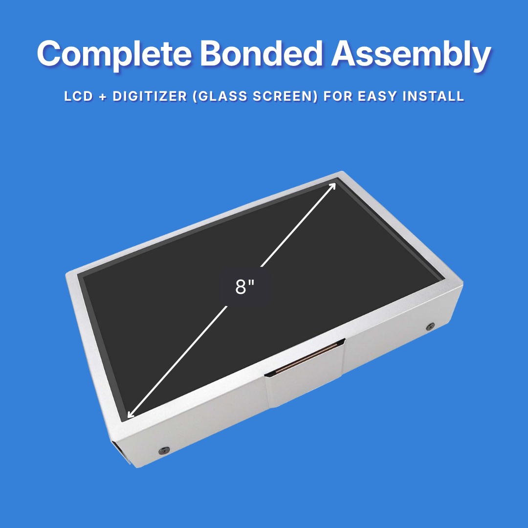 8-inch screen assembly on a blue background with text about complete bonded assembly