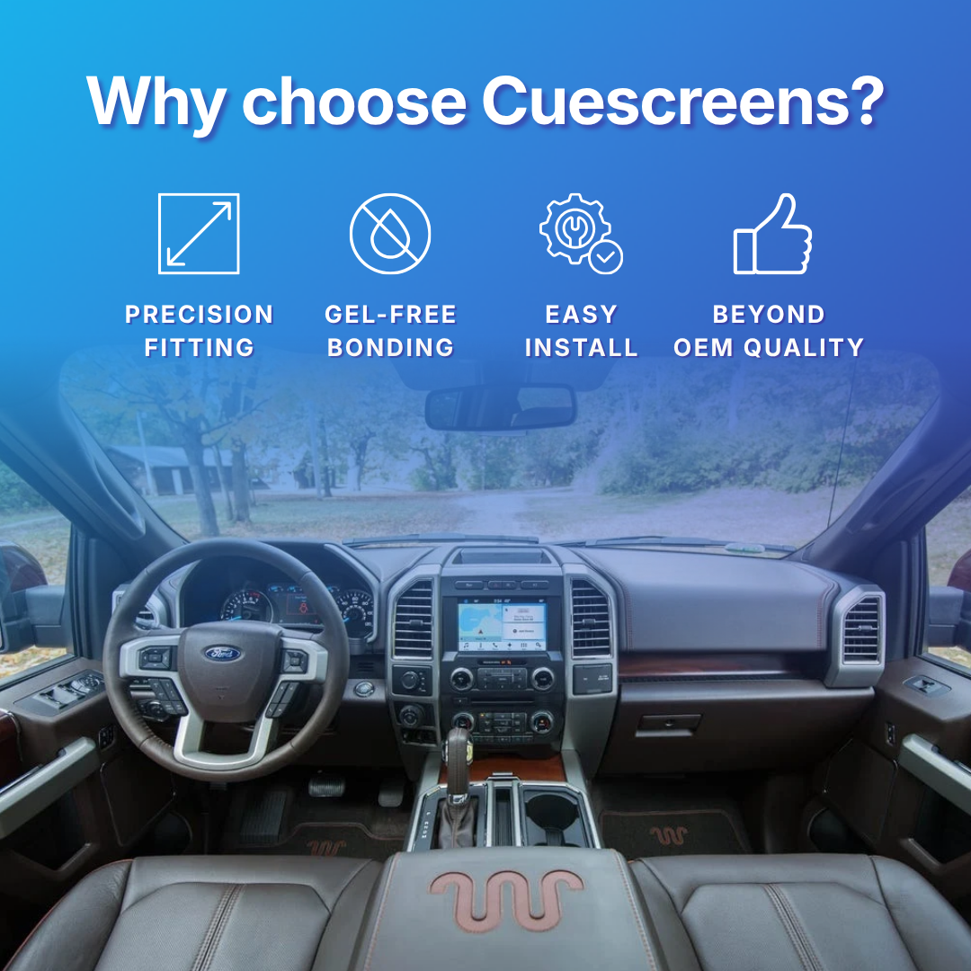 Car interior with dashboard display and 'Why choose Cuescreens?' text with icons highlighting features like precision fitting, gel-free bonding, easy install, and beyond OEM quality