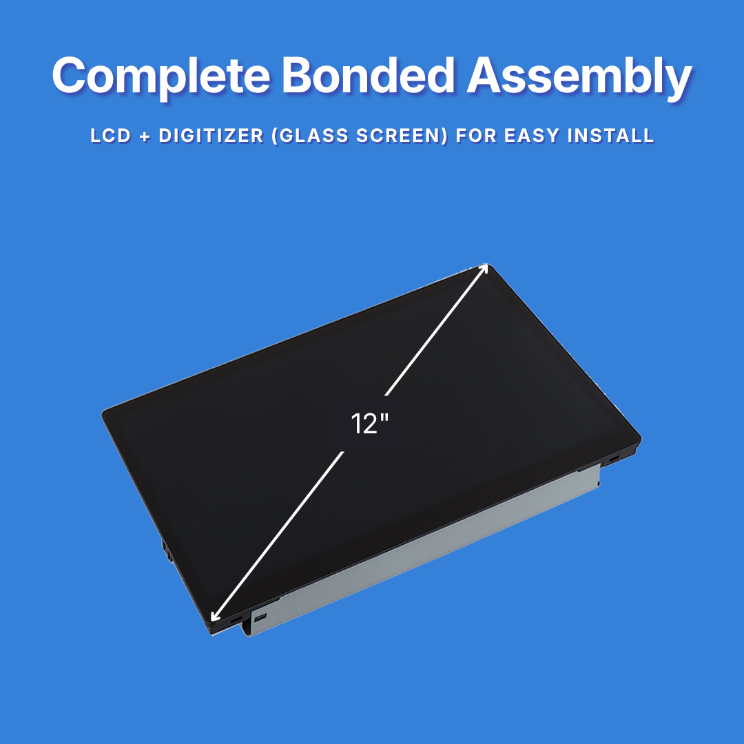 12-inch screen assembly on a blue background with text about complete bonded assembly.