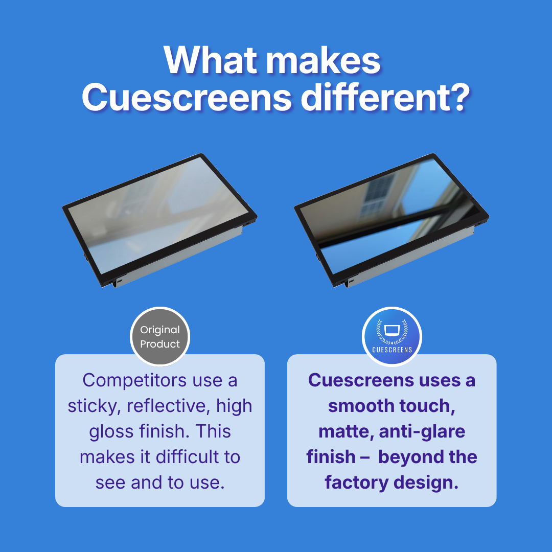 Comparison of original product and Cuescreens on a blue background with text explaining the differences