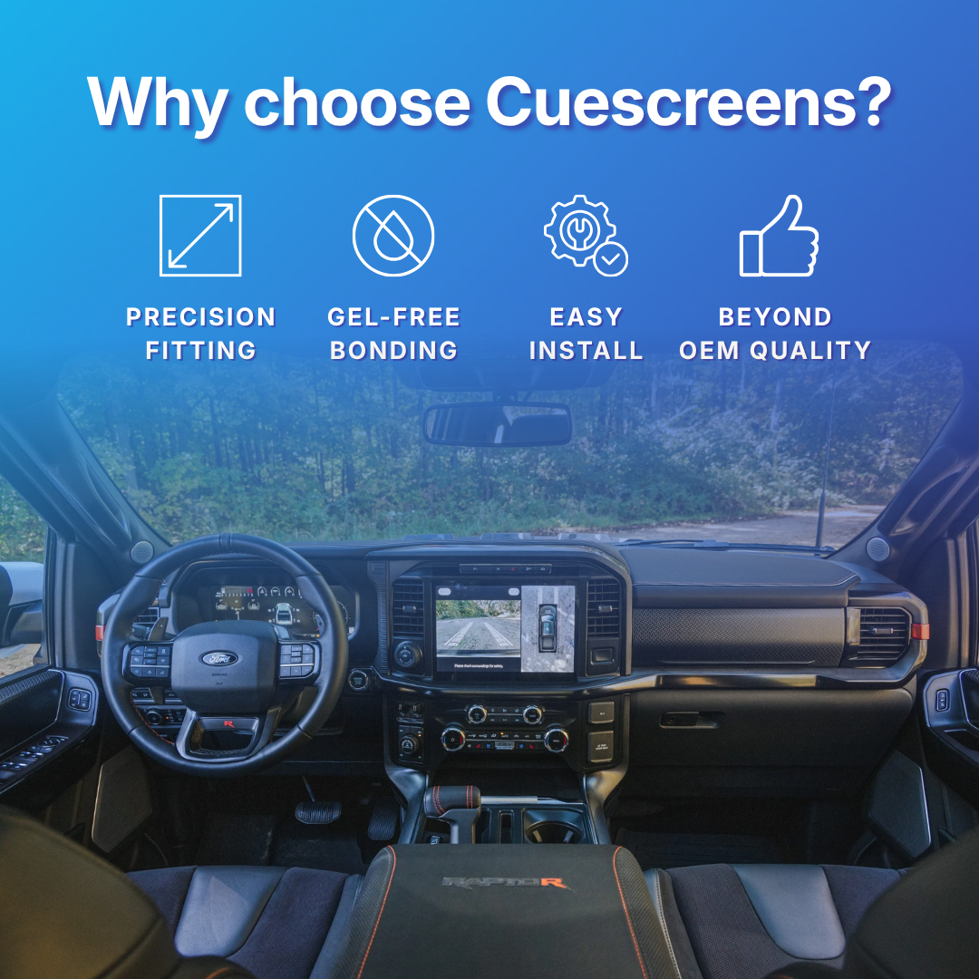 Car interior with Cuescreens branding highlighting features like precision fitting, gel-free bonding, easy install, and beyond OEM quality