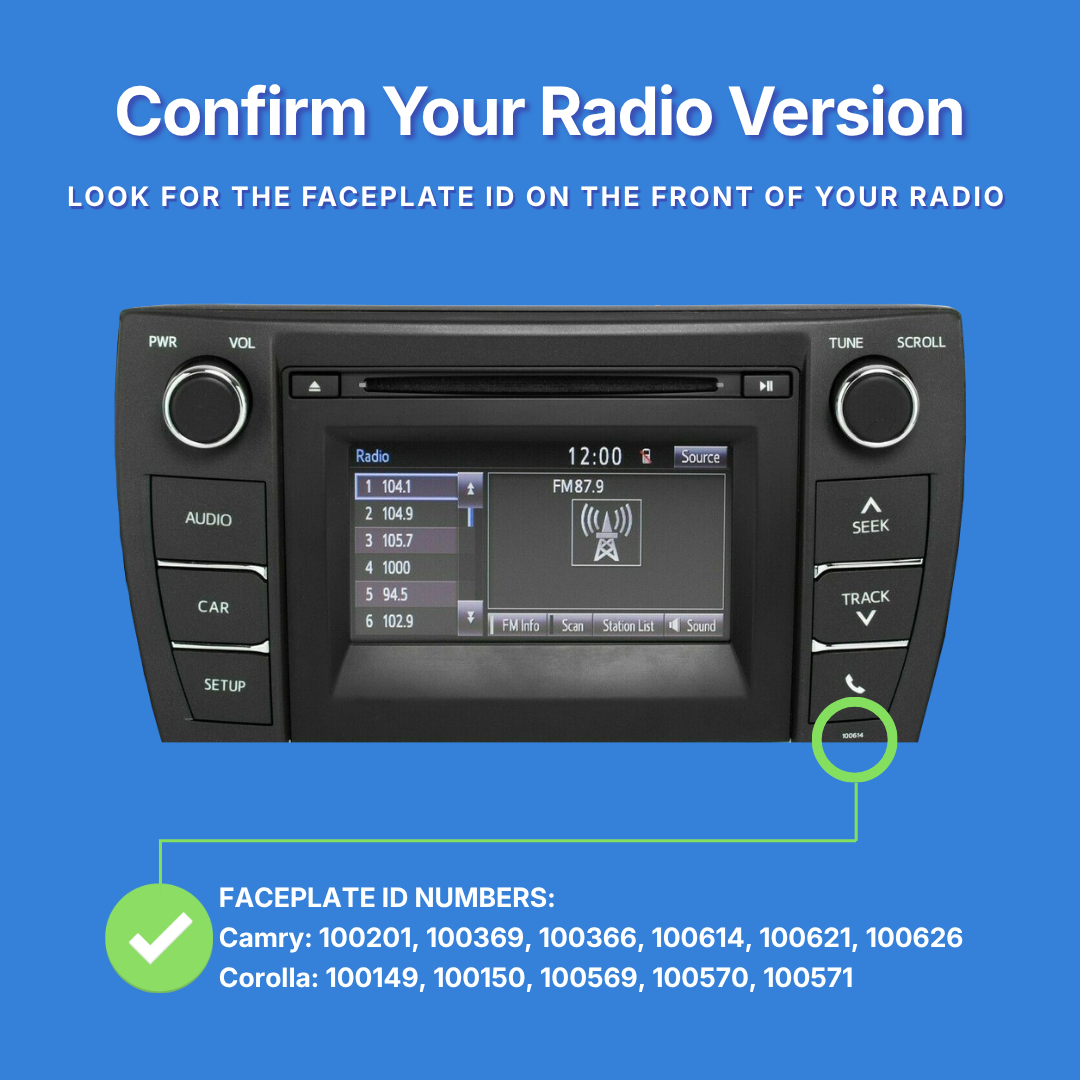 Car radio display with faceplate ID confirmation instructions on a blue background