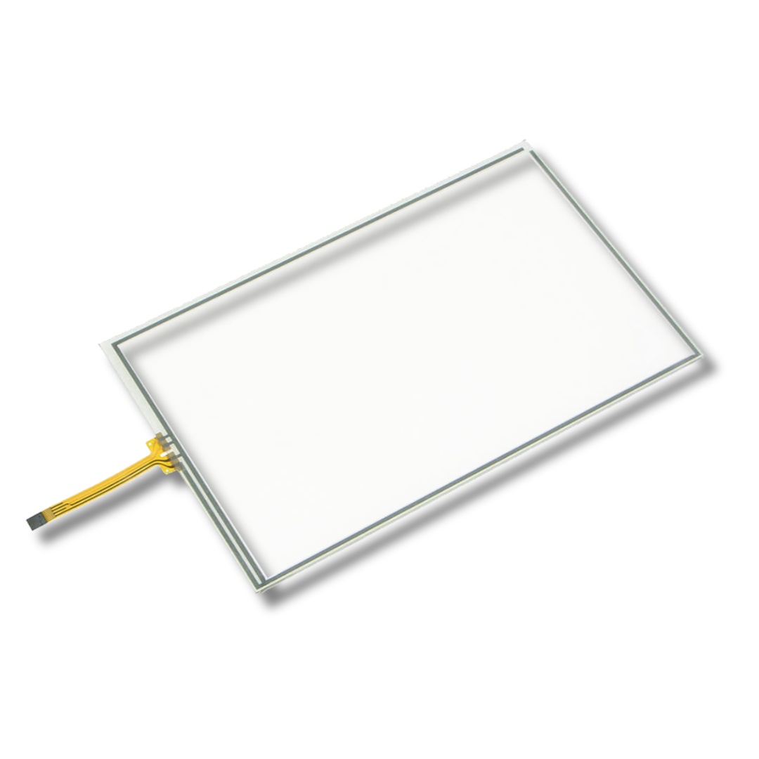 Touchscreen glass panel with a yellow connector on a white background