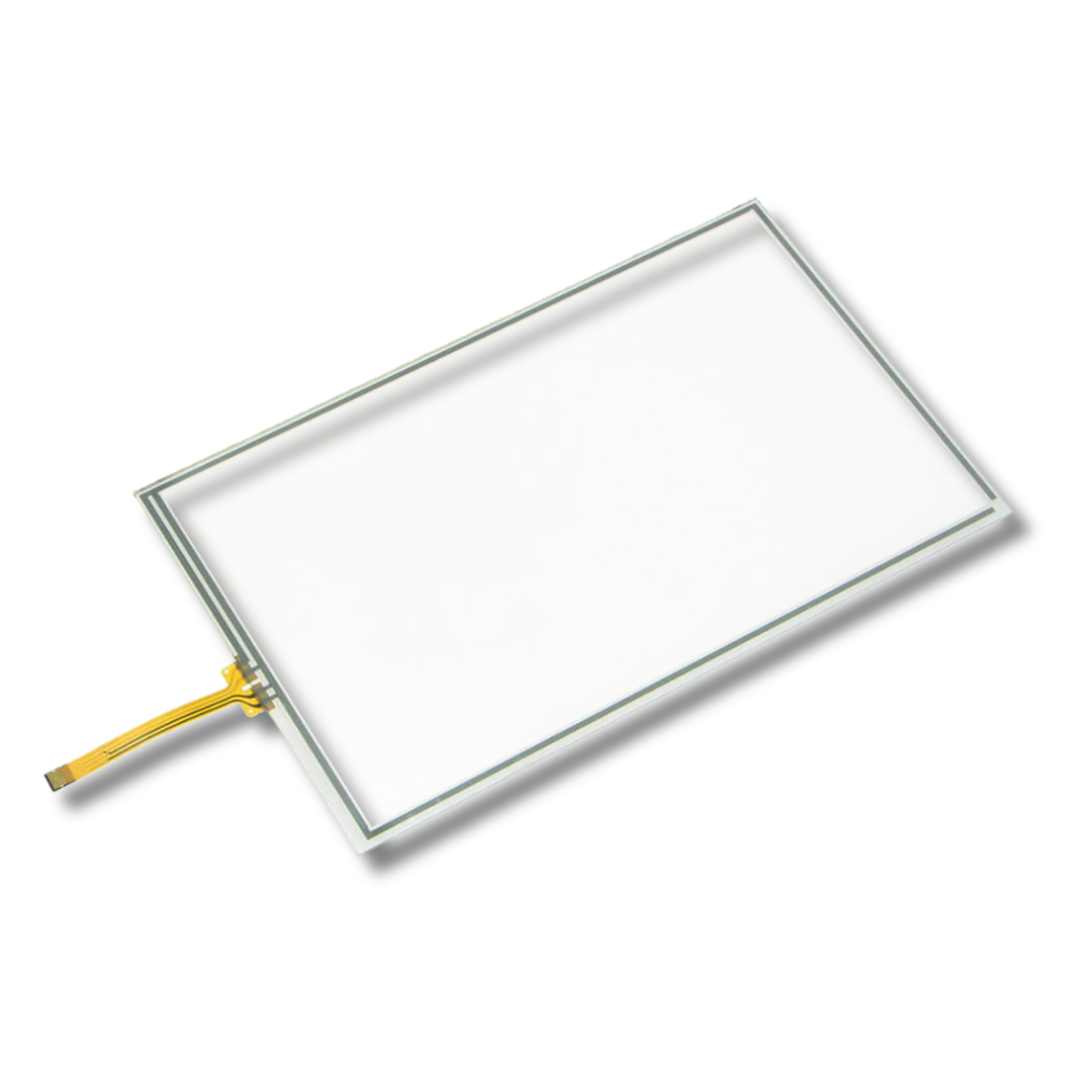 Back of touchscreen glass panel with a yellow connector on a white background