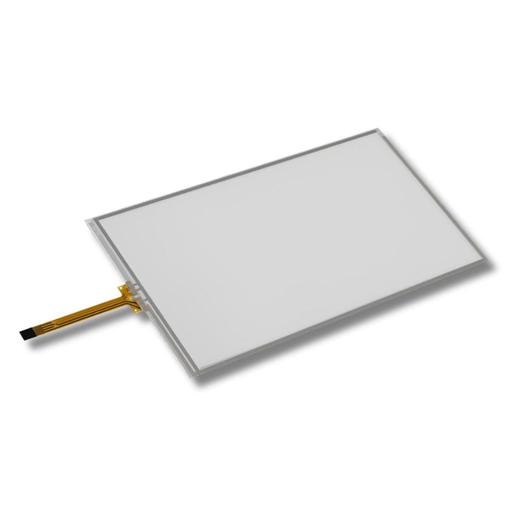 Touchscreen glass panel with connector on a white background